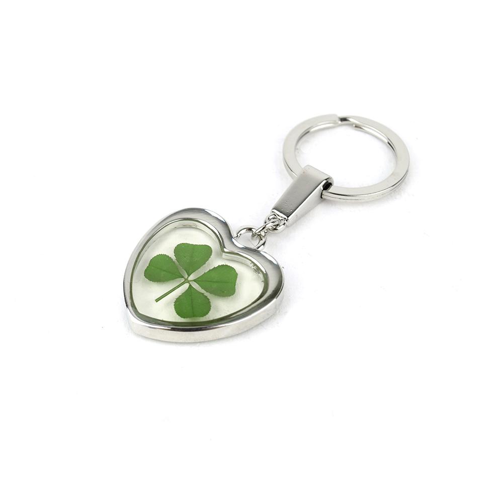 Clover Keyring - Fancy Resin Craft Art Pressed Real Four Leaf Clover Key Chain - Heart Shape